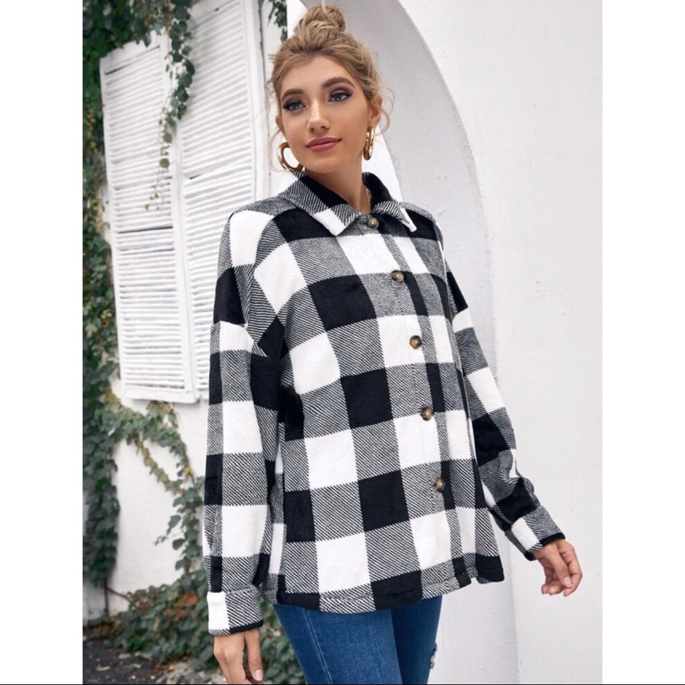 Buffalo Plaid Button Front Teddy Shacket - Picture 3 of 7